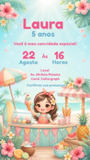 Convite Moana Tropical e Sorveteria Aniversário Editável