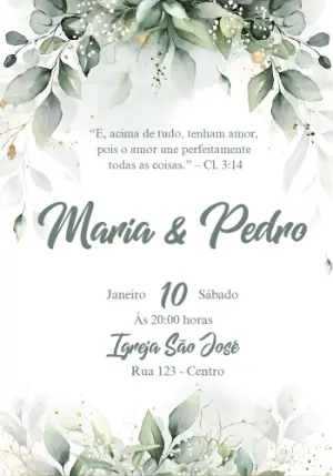 Convite de Casamento Folhagens Verdes Elegante para Editar