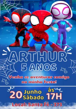 Convite de Aniversário Spidey e Amigos Infantil para Editar