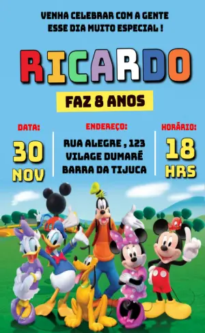Convite de Aniversário Turma do Mickey Colorido para Editar