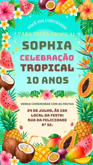Convite de Aniversário Festa Tropical Frutas Editável