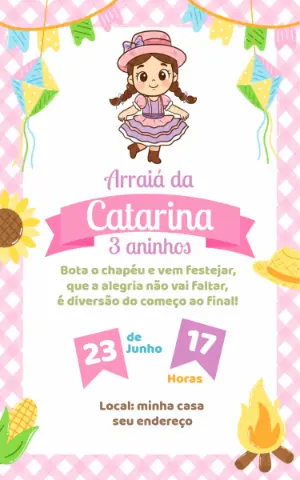 Convite de Aniversário Festa Junina Menina Rosa Editável
