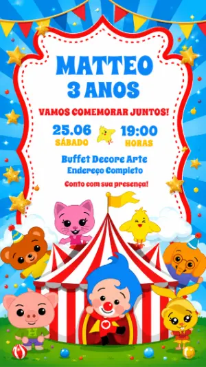 Convite de Aniversário Plim Plim Circo Colorido para Editar