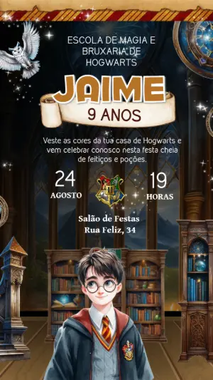 Convite de Aniversário Harry Potter Hogwarts Editável