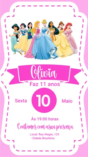 Convite de Aniversário Princesas Disney Rosa para Editar Online