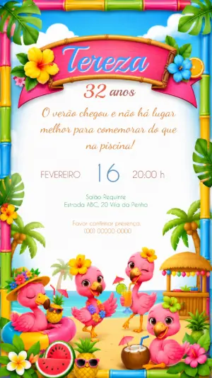 Convite Digital de Aniversário Flamingo Tropical