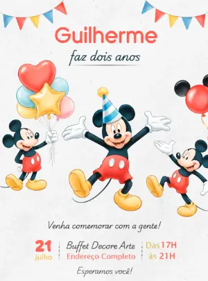 Convite de Aniversário Infantil Mickey Mouse Editável e Colorido