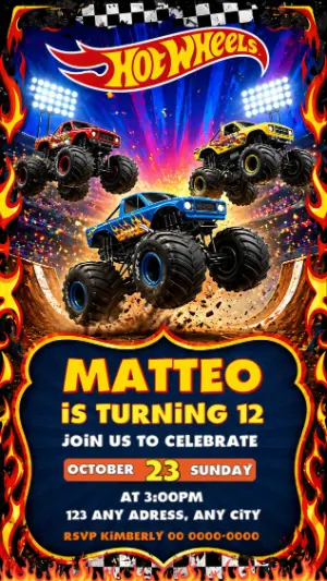Editable Monster Truck Hotwheels Birthday Invitation Template