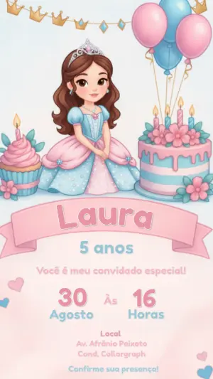Convite de Aniversário Princesa Rosa e Azul Editável