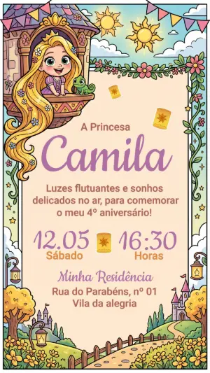 Convite de Aniversário Rapunzel Infantil para Editar Online