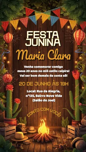 Convite de Festa Junina Rústico com Fogueira para Editar