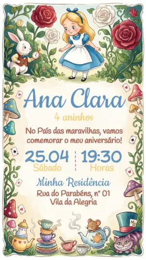 Convite de Aniversário Alice no País das Maravilhas Editável