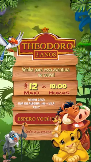 Convite Animado Rei Leão: Aventura na Selva para Editar