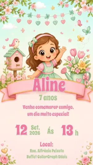 Convite Digital Aniversário Jardim Encantado Boneca Editável