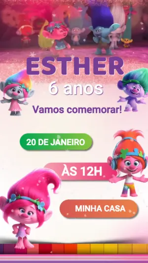 Convite Animado de Aniversário Trolls para Editar Online