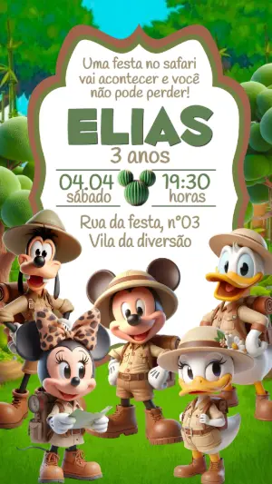 Convite de Aniversário Mickey Safari na Selva para Editar