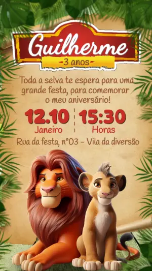 Convite de Aniversário Rei Leão na Selva para Editar
