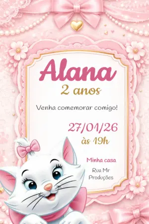 Convite de Aniversário Gatinha Marie Rosa Editável