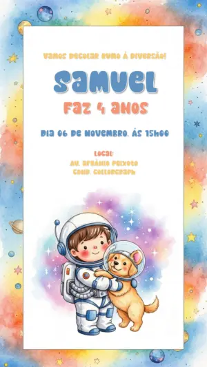 Convite de Aniversário Astronauta com Pet para Editar Online