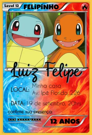 Convite de Aniversário Pokémon Squirtle e Charmander Editável
