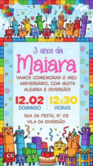 Convite de Aniversário Numberblocks Colorido para Editar