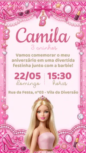 Convite de Aniversário Barbie Rosa com Brilho para Editar