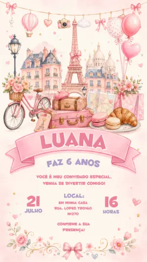 Convite de Aniversário Paris Aquarela Rosa Editável
