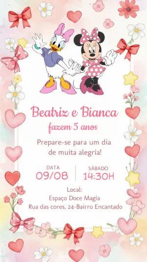Convite Aniversário Duplo Minnie e Margarida para Editar