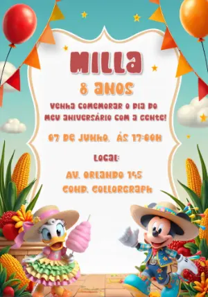 Convite Festa Junina Mickey e Margarida para Editar Online