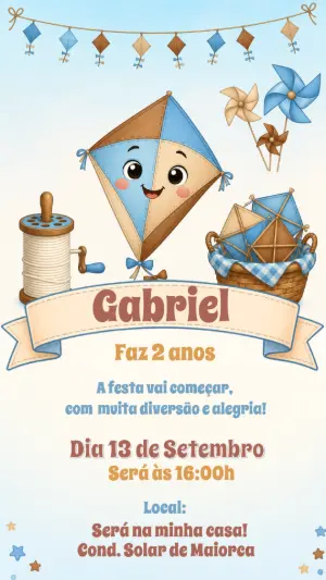 Convite de Aniversário Pipa Azul e Marrom para Editar Online