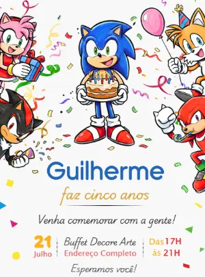 Convite de Aniversário Sonic e Amigos Colorido para Editar