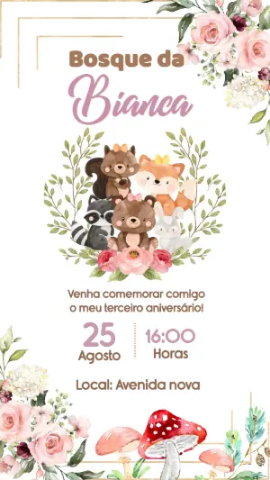 Convite de Aniversário Bosque Menina Aquarela Editável