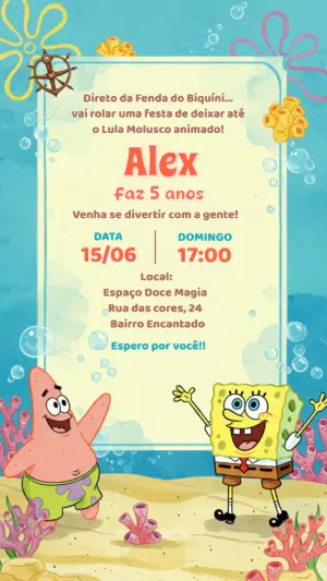 Convite de Aniversário Bob Esponja e Patrick para Editar Online