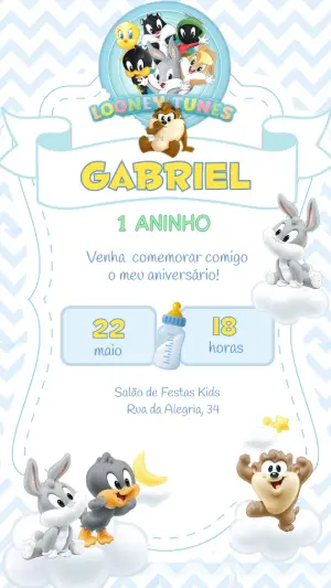 Convite Aniversário Baby Looney Tunes para Editar Online