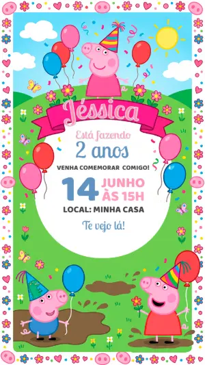 Convite Digital Infantil Peppa Pig para Aniversário Editável