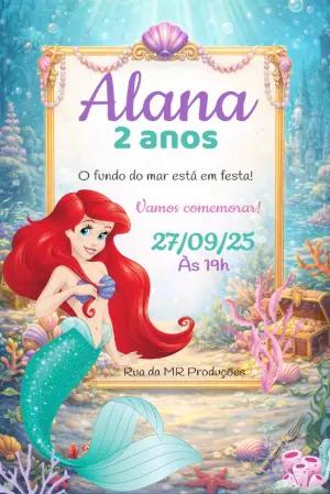 Convite Aniversário Pequena Sereia Fundo do Mar Editável