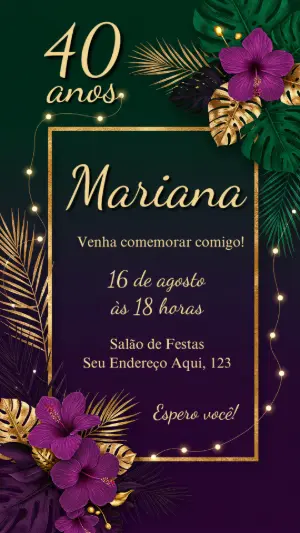Convite Aniversário Tropical Floral Dourado para Editar Online