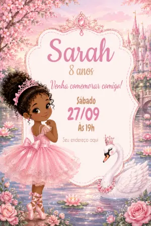 Convite Aniversário Princesa Bailarina Negra Editável
