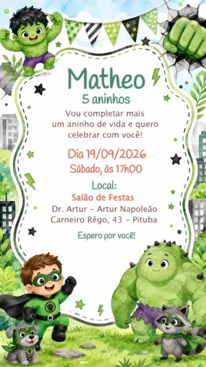 Convite de Aniversário Hulk Baby Editável para Festa Infantil