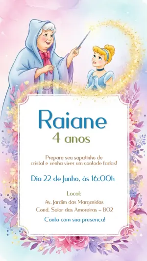 Convite Aniversário Cinderela e Fada Madrinha para Editar