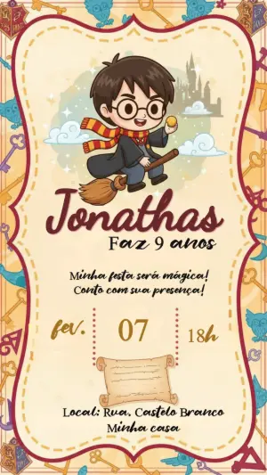 Convite de Aniversário Harry Potter Chibi Editável