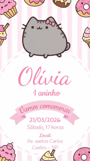 Convite Aniversário Infantil Pusheen Rosa e Doces Editável