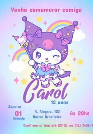 Convite de Aniversário Kuromi Fofo e Pastel para Editar