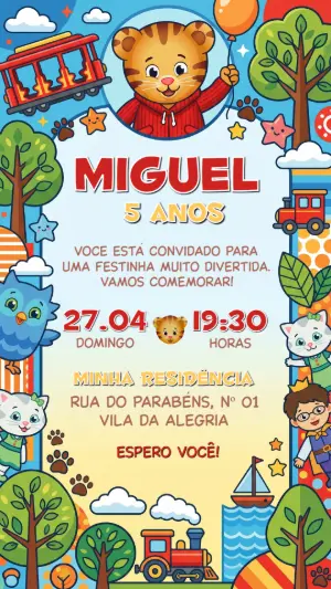Convite de Aniversário Daniel Tigre Colorido para Editar