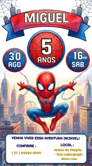 Convite de Aniversário Homem-Aranha Infantil Editável