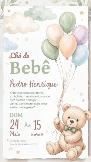 Convite Chá de Bebê Ursinho Aquarela com Balões Editável