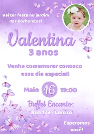Convite Aniversário Jardim das Borboletas Lilás com Foto Editável