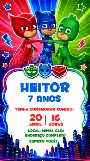 Convite de Aniversário PJ Masks Heróis da Noite para Editar
