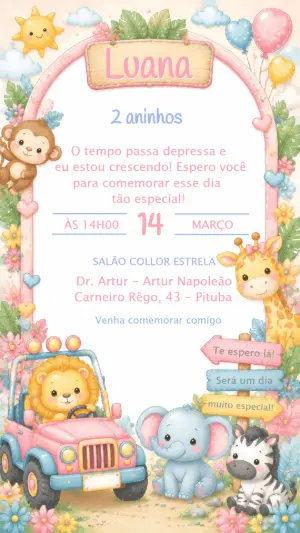 Convite de Aniversário Safari Rosa com Animais Fofos Editável