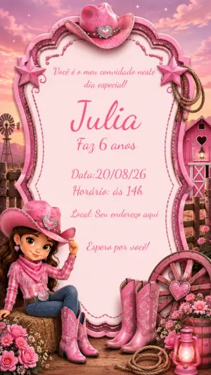 Convite Editável de Aniversário Fazendinha Rosa e Boiadeira